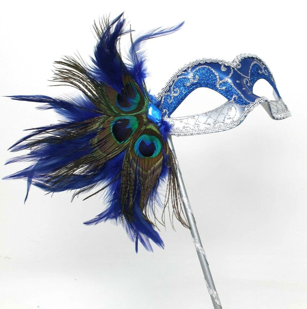 Blue & Silver Venetian Masquerade Party Prom Carnival Eye Mask Hand Held Stick