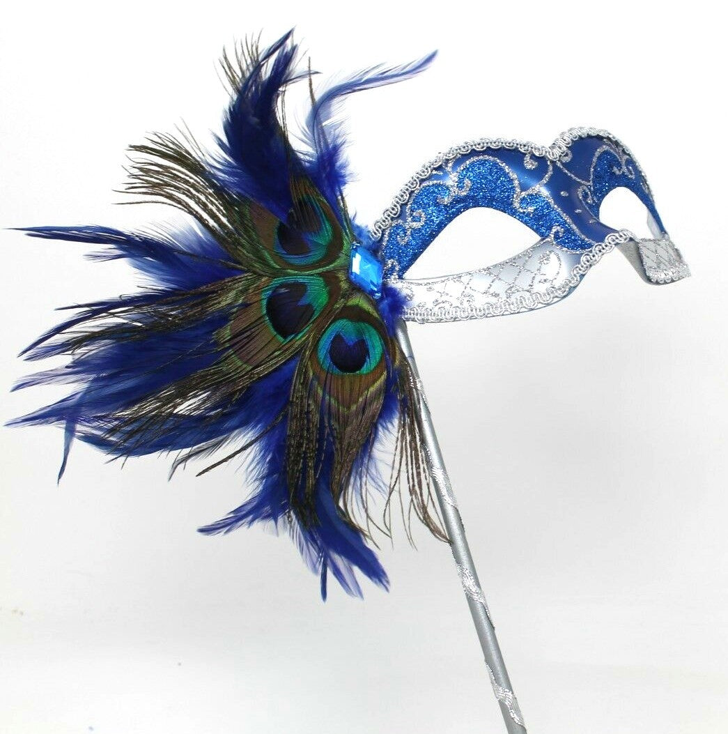 Blue & Silver Venetian Masquerade Party Prom Carnival Eye Mask Hand Held Stick