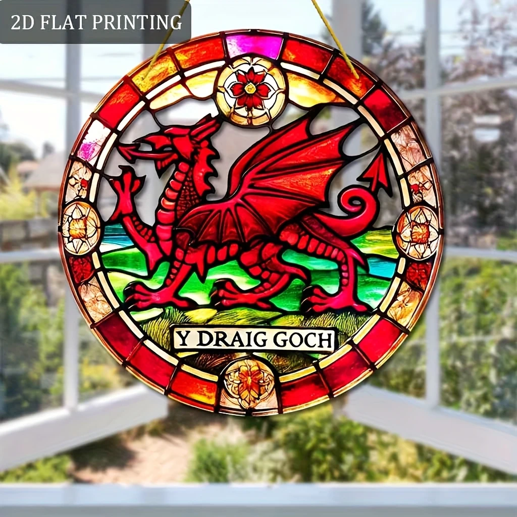Acrylic Hanging Garden Suncatcher Wales Welsh Dragon 20cm Tall on a Yellow Cord