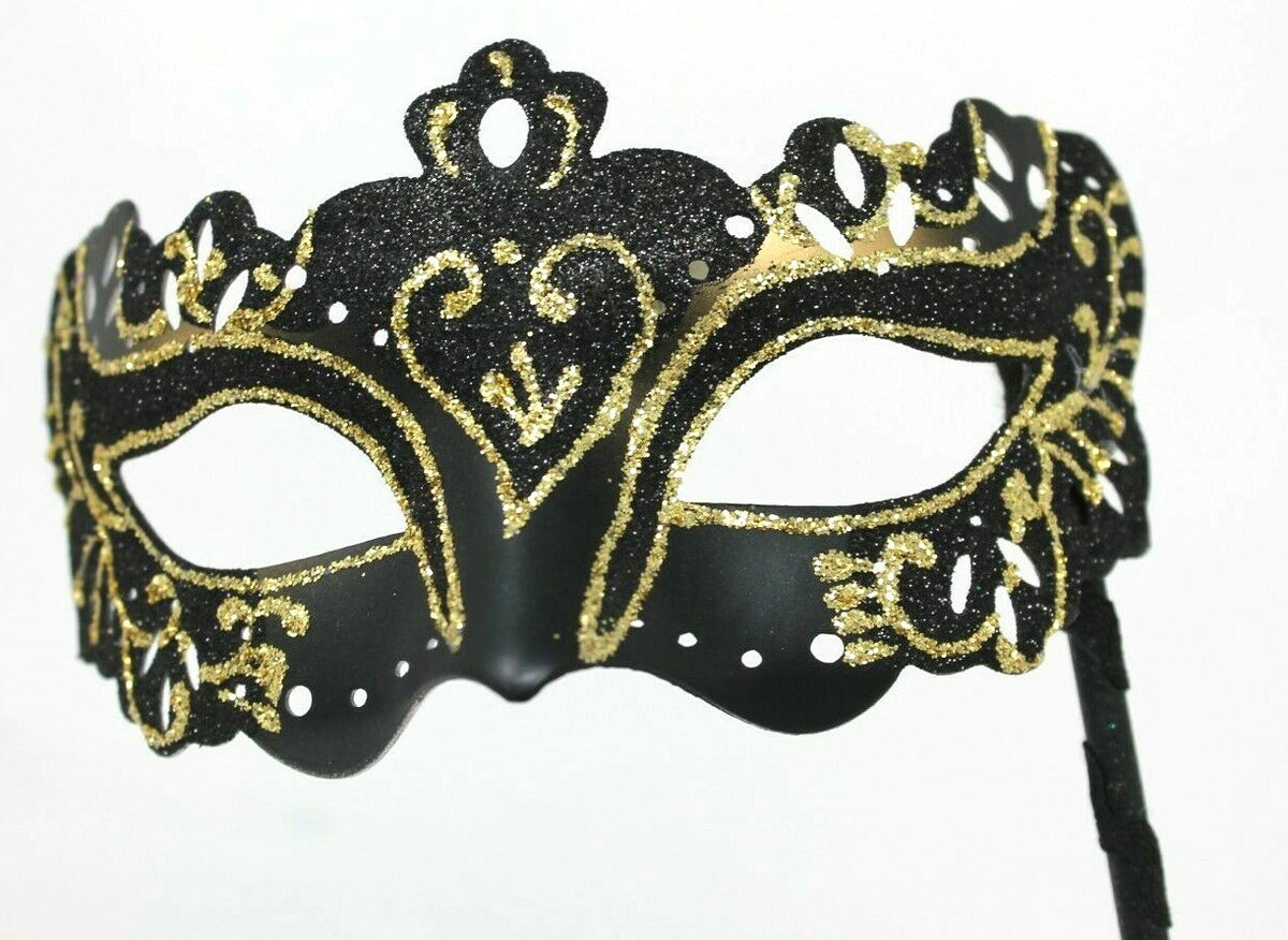 Black & Gold Venetian Masquerade Party Prom Carnival Eye Mask Hand Held Stick