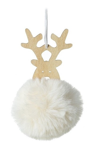 Wood & White Fur Reindeer Christmas Baubles Tree Hanging Decoration 12cm Tall
