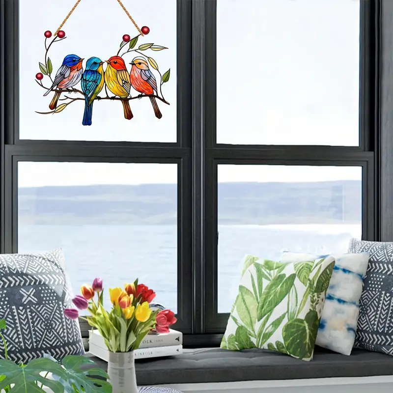 Acrylic Hanging Garden Suncatcher Birds on a Branch 15cm wide on a Hessian Rope