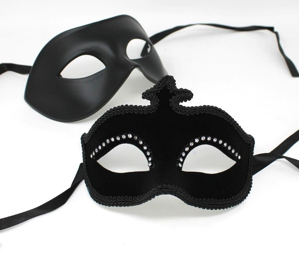 HIS N HERS PAIR COUPLES BLACK JEWELLED VENETIAN MASQUERADE PARTY EYE MASKS