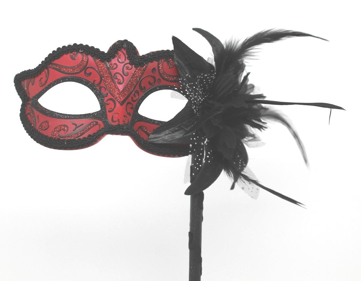 STUNNING BLACK & RED VENETIAN MASQUERADE PARTY BALL CARNIVAL MASK HAND STICK