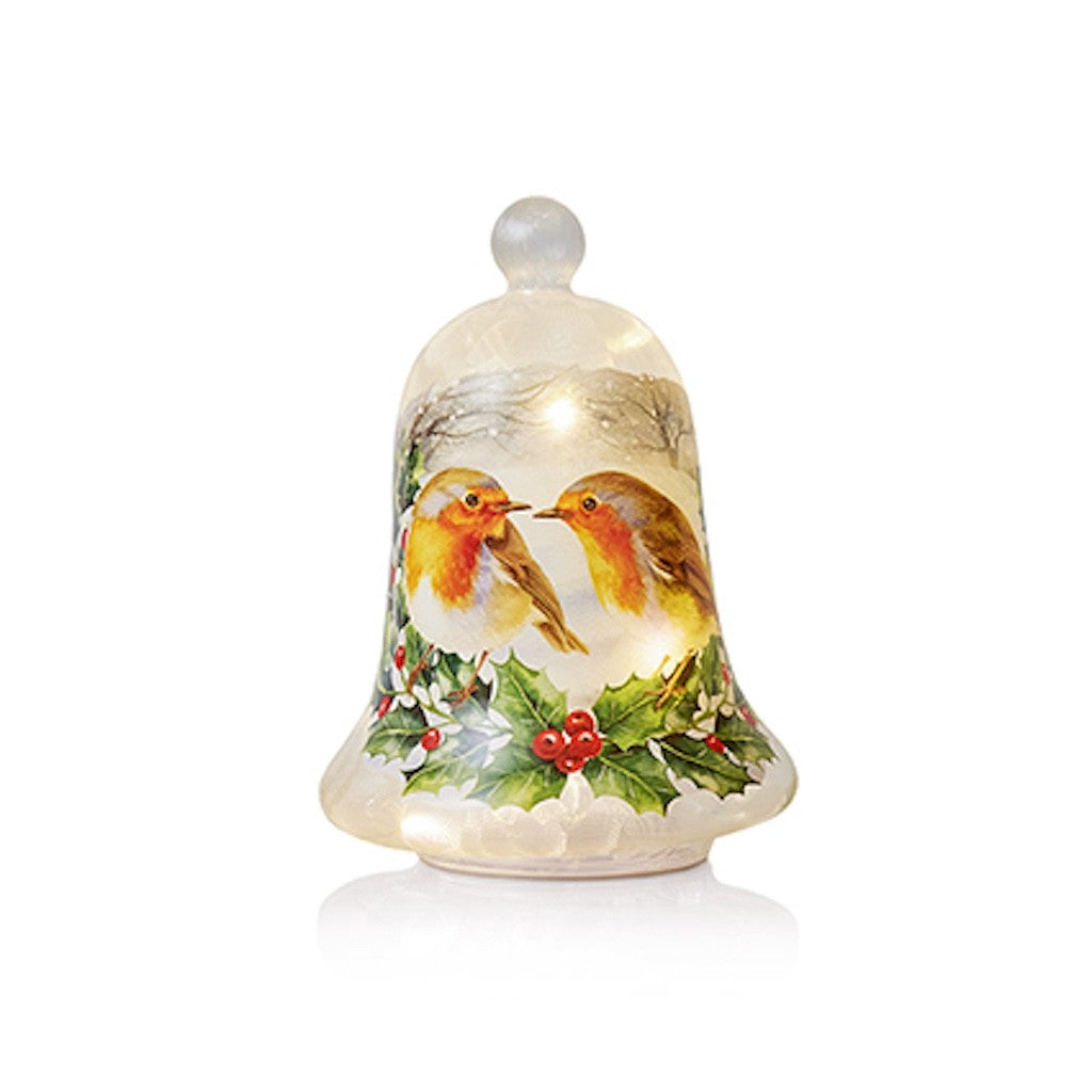 Christmas Festive Robin & Holly Design Frosted Glass Bell Lantern 20cm High