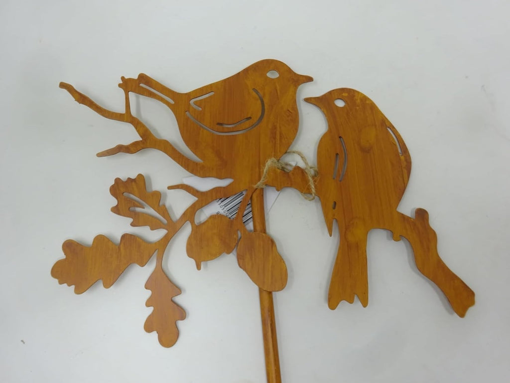 Core-Ten Rusty Two Robins on a Twig on a Long Stake Garden Ornament 1 metre High