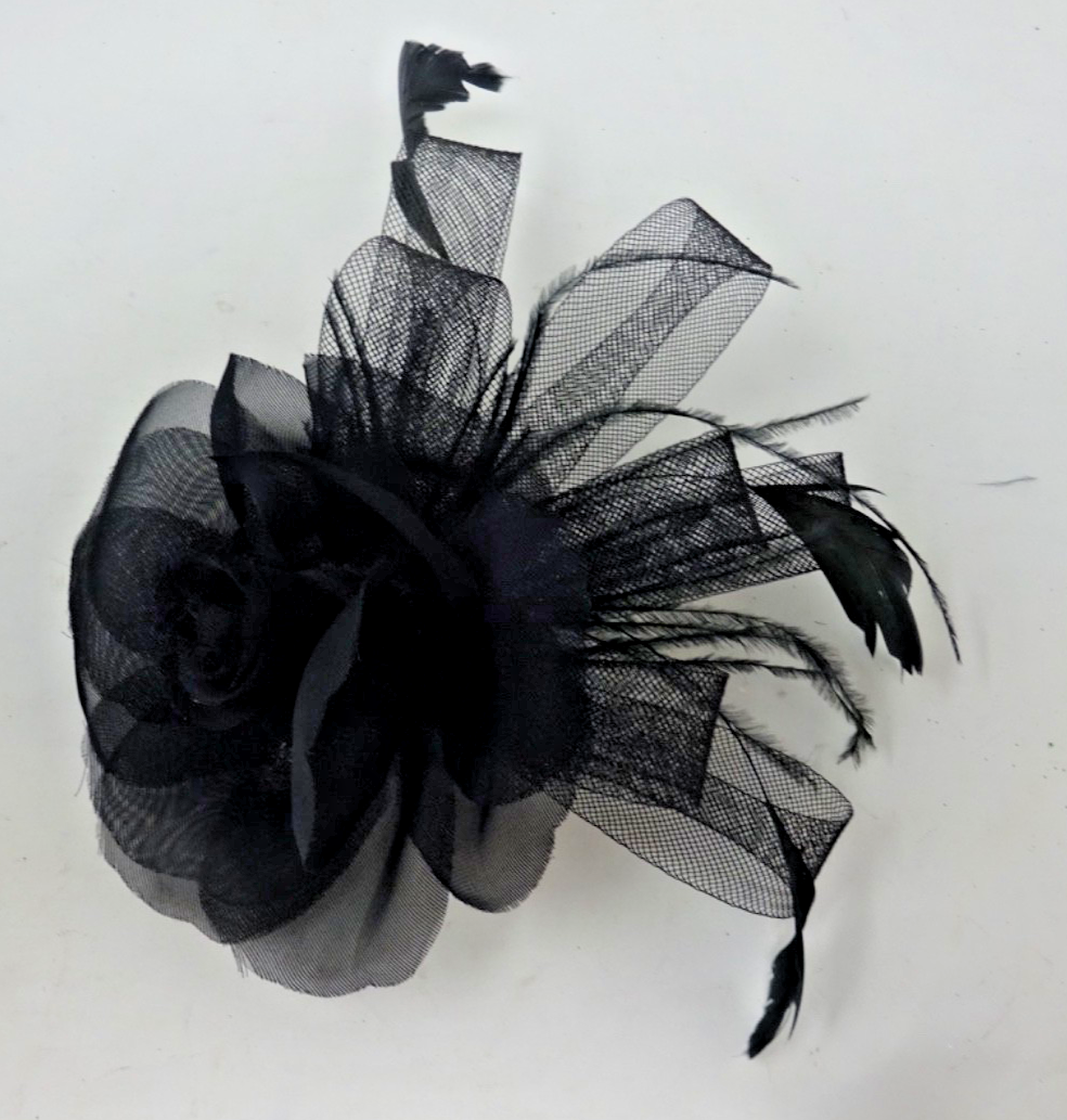 Hair Fascinator Corsage Brooch Black Feathers Looped Net Fabric and Rose Flower