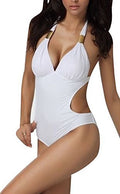 Stylish Lovely Padded White Swimsuit/Monokini Gold Metal Trim Feature Size 10-12