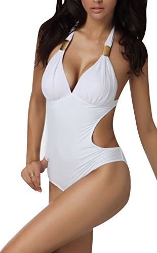 Stylish Lovely Padded White Swimsuit/Monokini Gold Metal Trim Feature Size 10-12