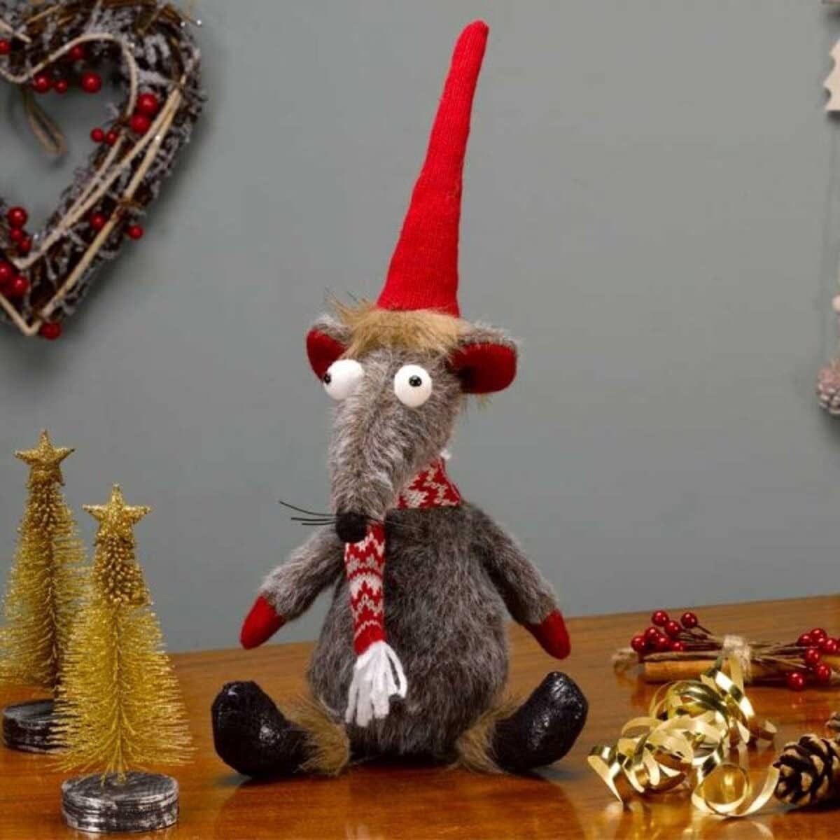 Christmas Festive Sitting Remi Rat & Hat Scarf Weighted Base Approx 33cm Tall