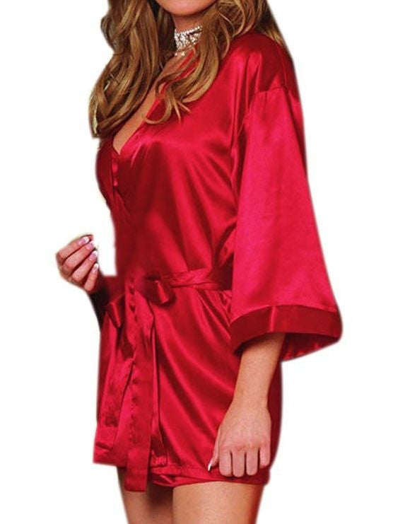 Black Red White Satin Supersoft Kimono Dressing Gown Bath Robe & Thong Size 8-10