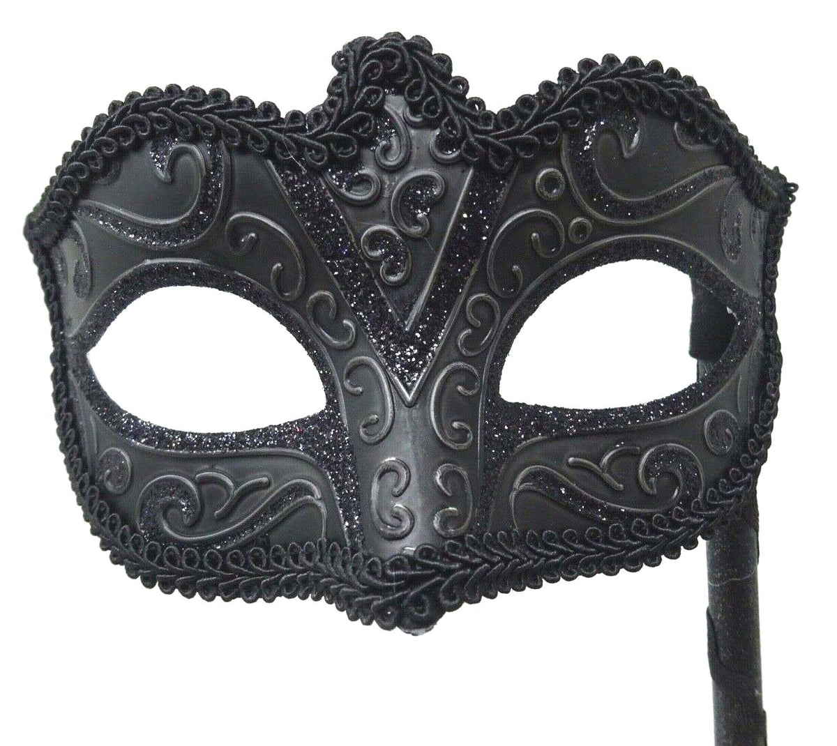 Venetian Midnight Black Sparkling Masquerade Party Ball Mask Hand Held on STICK