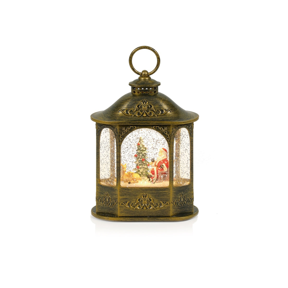 Santa Reindeer & Tree Scene Water Spinner Lantern 21 cm Antique Gold Decoration