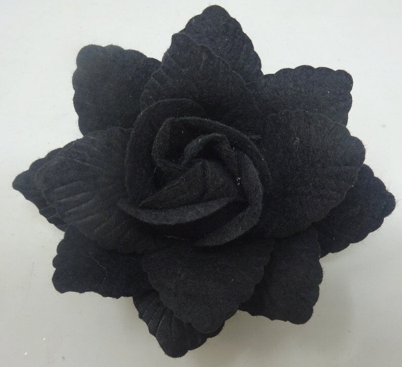 Hair Fascinator Corsage & Brooch Black Fabric Rose Flower Clip & Elastic Fasten