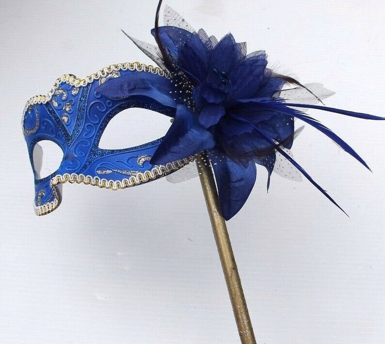 STUNNING BLUE & GOLD VENETIAN MASQUERADE PARTY EYE MASK ON A HAND HELD STICK