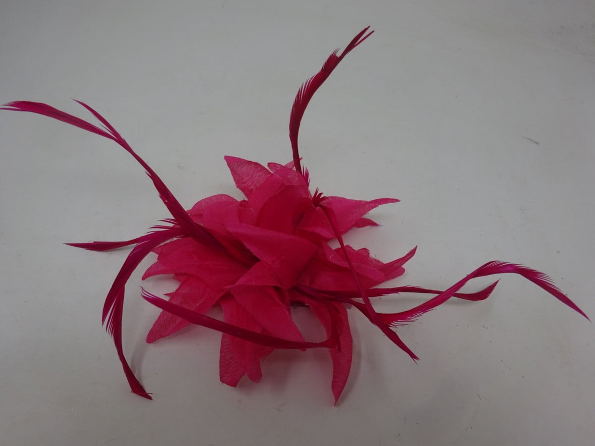 Hot Pink Corsage Brooch Fascinator Fabric Petals with Long Slim Fine Feathers