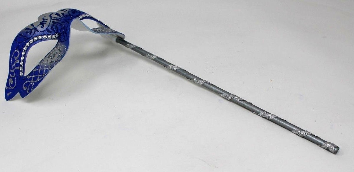 STUNNING BLUE & SILVER VENETIAN MASQUERADE PARTY EYE MASK ON A HAND HELD STICK