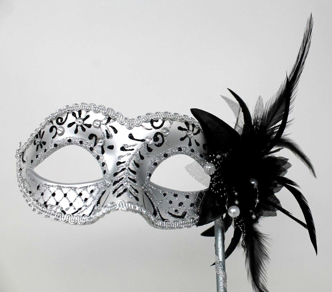 BLACK & SILVER JEWELS VENETIAN MASQUERADE PARTY PROM  MASK ON A HAND HELD STICK