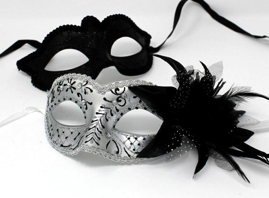 HIS N HERS PAIR COUPLES BLACK  AND SILVER VENETIAN MASQUERADE PARTY EYE MASKS
