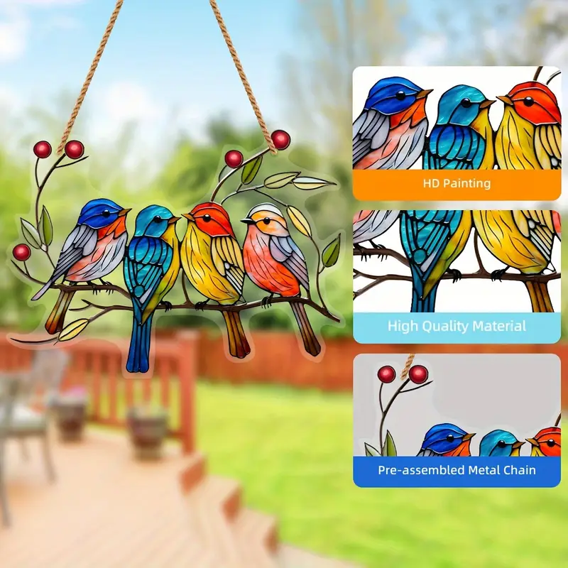 Acrylic Hanging Garden Suncatcher Birds on a Branch 15cm wide on a Hessian Rope