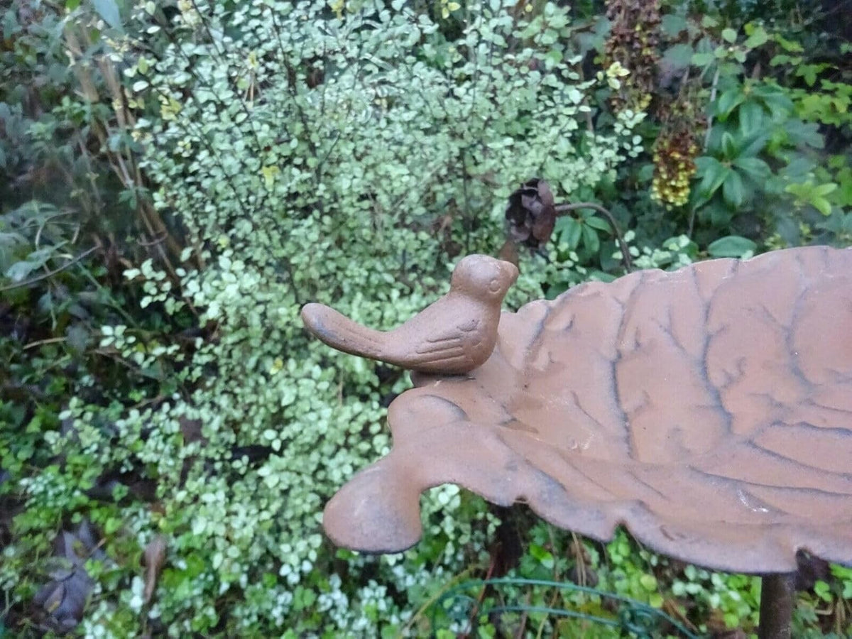 Core-Ten Rusty Leaf Design Bird Bath Feeder on a Long Stake Garden Ornament 85cm