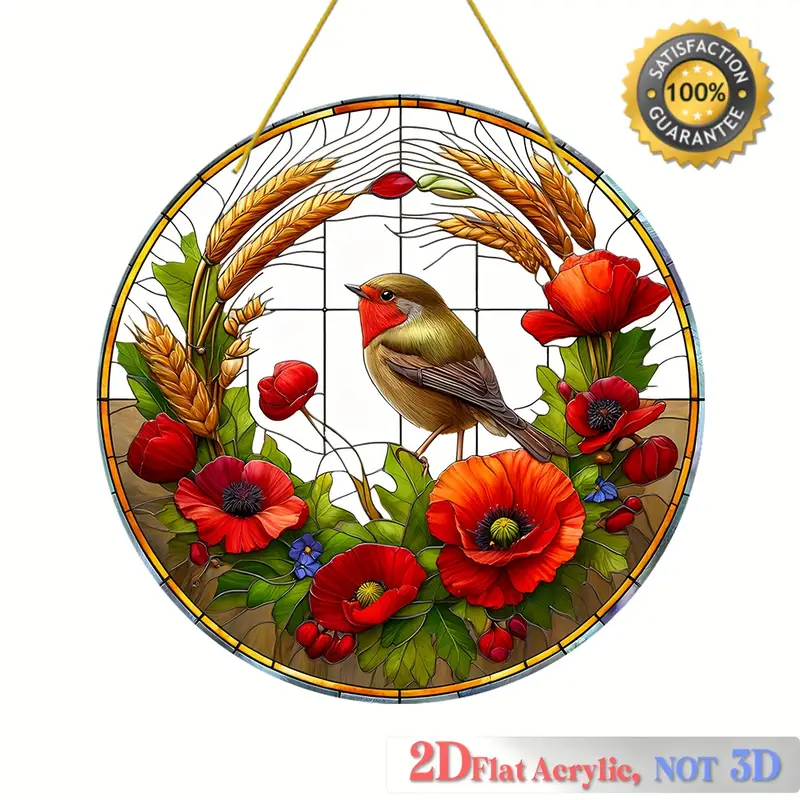 Acrylic Hanging Garden Suncatcher Robin & Flowers 20cm Diameter on Yellow Cord