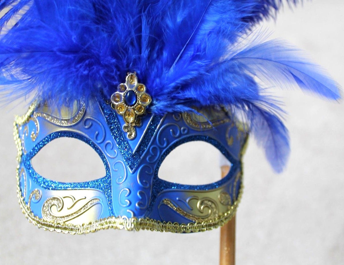 BLUE & GOLD FEATHER HAND HELD MASK & STICK VENETIAN CARNIVAL MASQUERADE PARTY