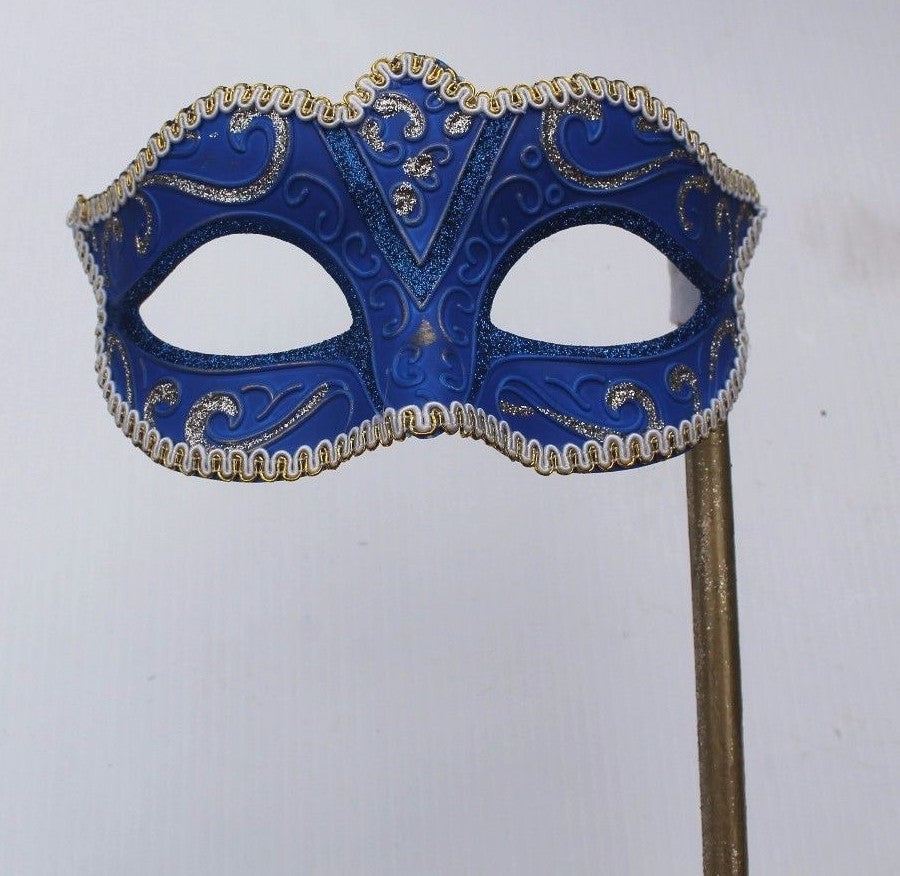 GLITTERING BLUE & GOLD VENETIAN MASQUERADE PARTY  MASK ON A  HAND STICK
