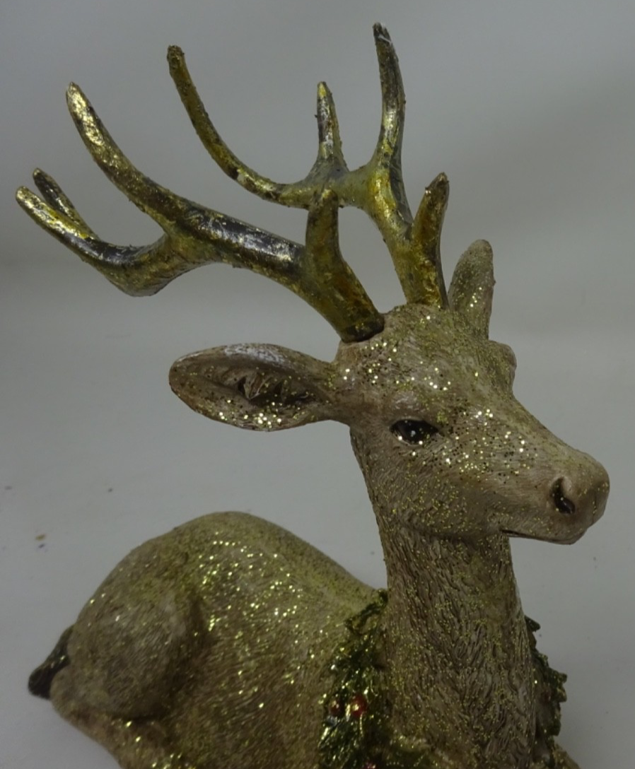 Large Gold Glitter Coloured Sparkling Stag Figurine Ornament 21cm Long & Tall