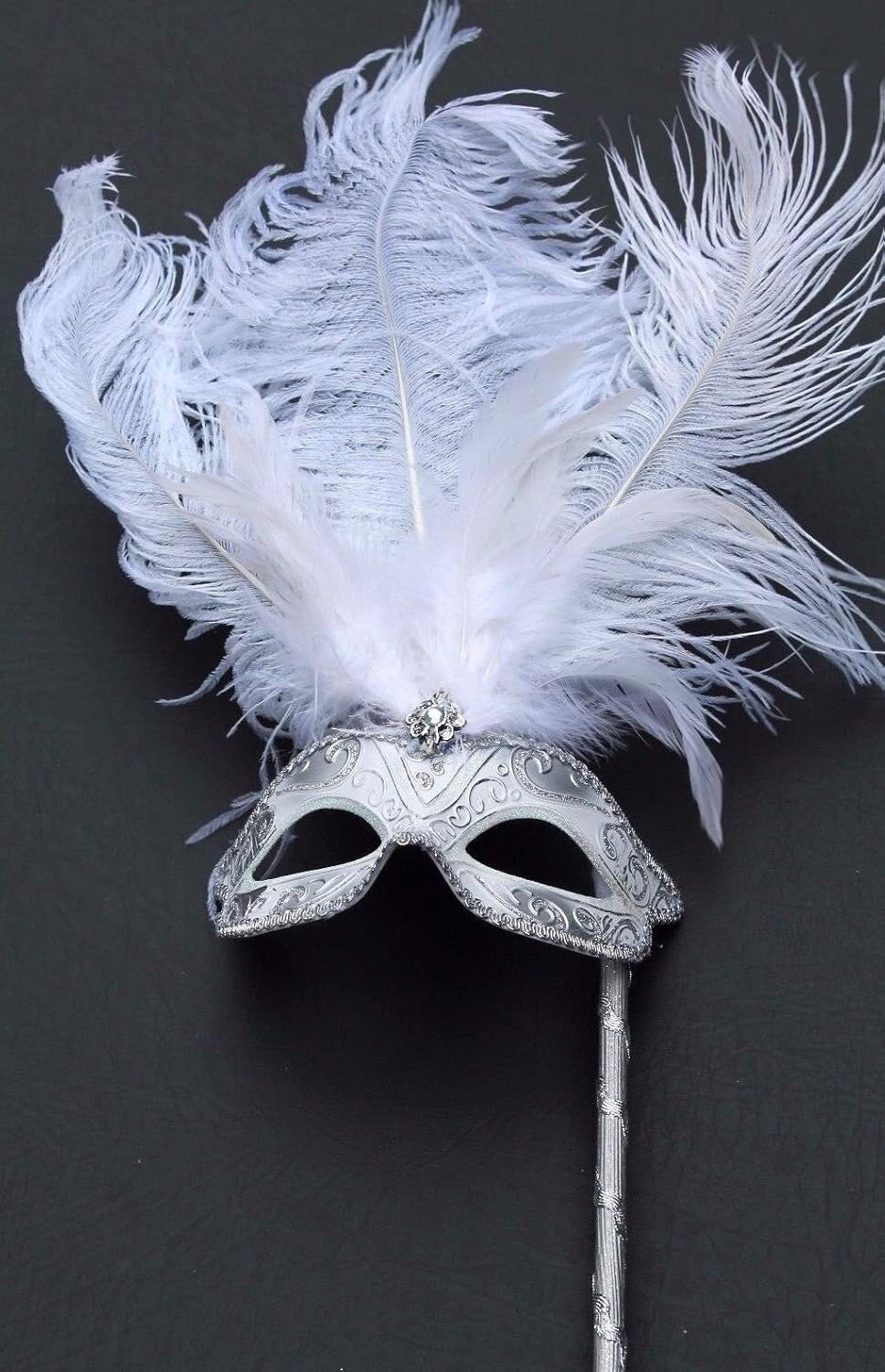 WHITE SILVER VENETIAN MASQUERADE PARTY CARNIVAL BALL EYE FEATHER MASK HAND HELD