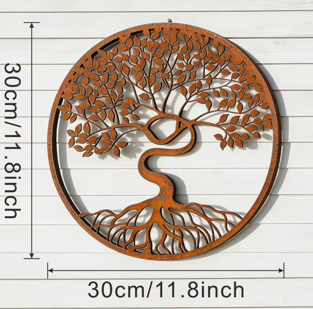 Circular Metal Rusty Tree of Life Garden Ornament 30cm Diameter Wall Plaque