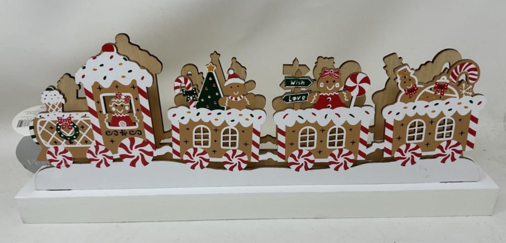 Wooden Gingerbread Family Christmas Winter Festive LED Light Up Train 38cm Long