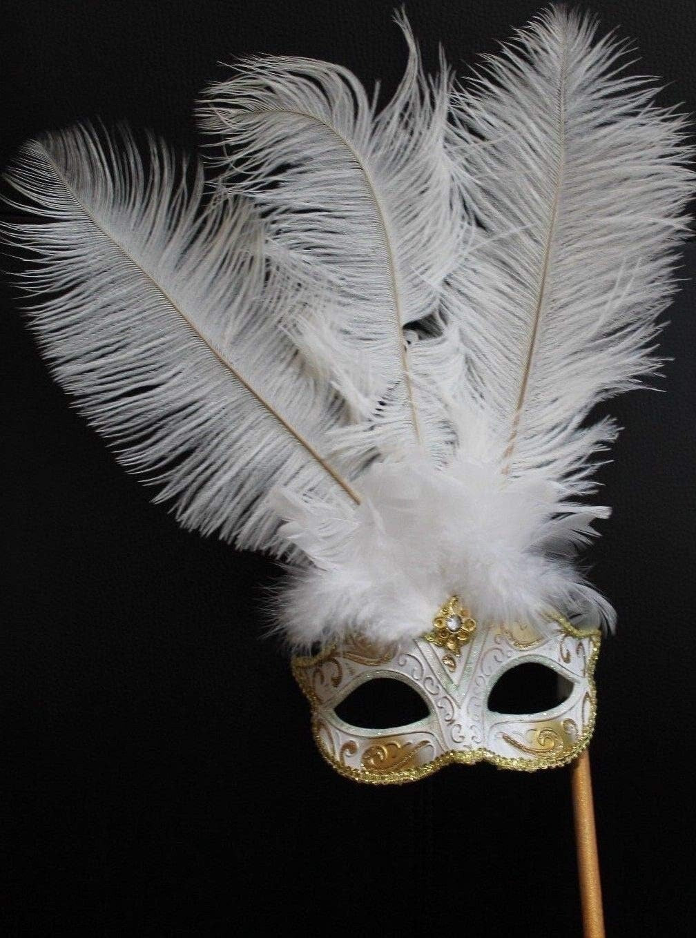 WHITE & GOLD VENETIAN MASQUERADE PARTY CARNIVAL BALL EYE FEATHER MASK HAND HELD