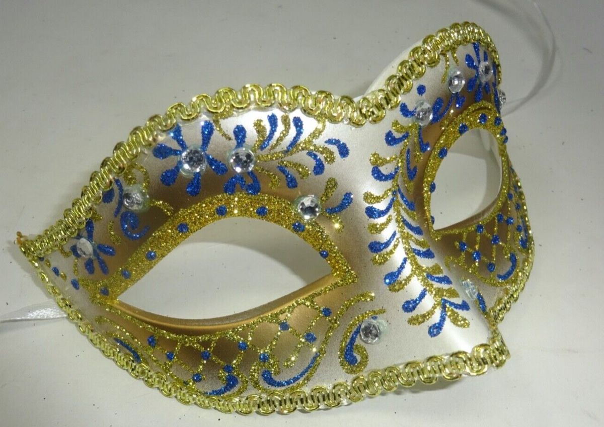 BLUE IVORY GOLD VENETIAN MASQUERADE PARTY BALL EYE CARNIVAL WITH DIAMONTES MASK