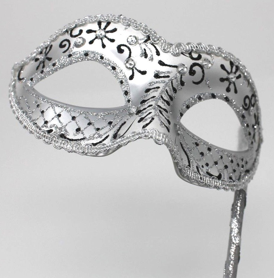 Black & Silver Venetian Masquerade Party Prom Carnival Eye Mask Hand Held Stick