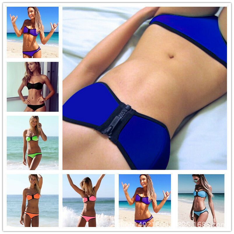 Choice 9 Colours Zip Front with Black Trim Two Piece Bandeau Bikini Size 10-12