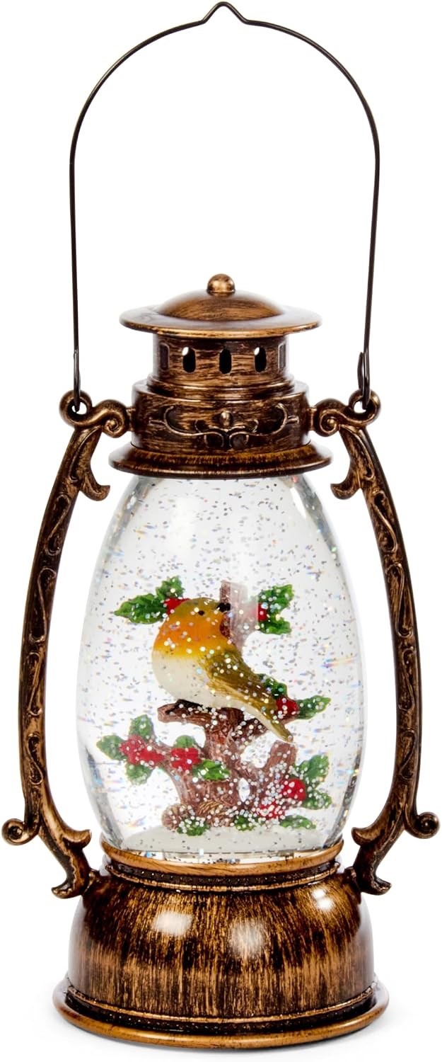 LED Robin Lantern 24cm Light-Up Christmas Snow Globe Auto Swirling Glitter Timer