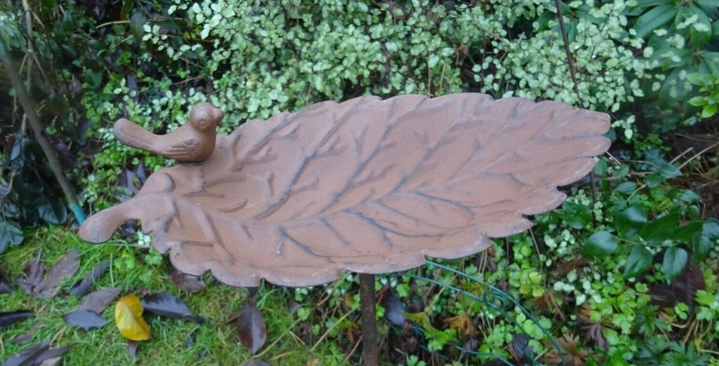 Core-Ten Rusty Leaf Design Bird Bath Feeder on a Long Stake Garden Ornament 85cm