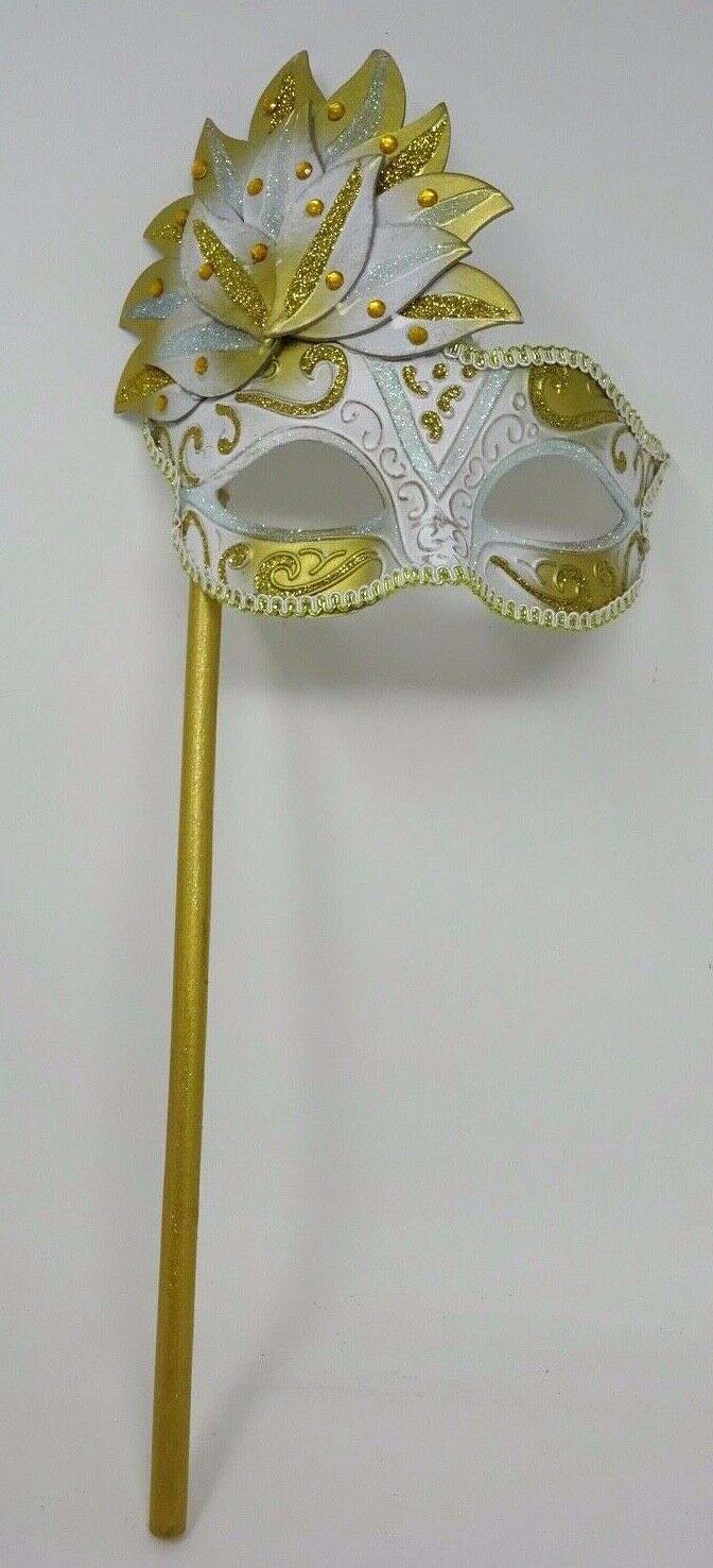 GOLD & WHITE VENETIAN MASQUERADE CARNIVAL BALL EYE PARTY MASK HAND HELD STICK