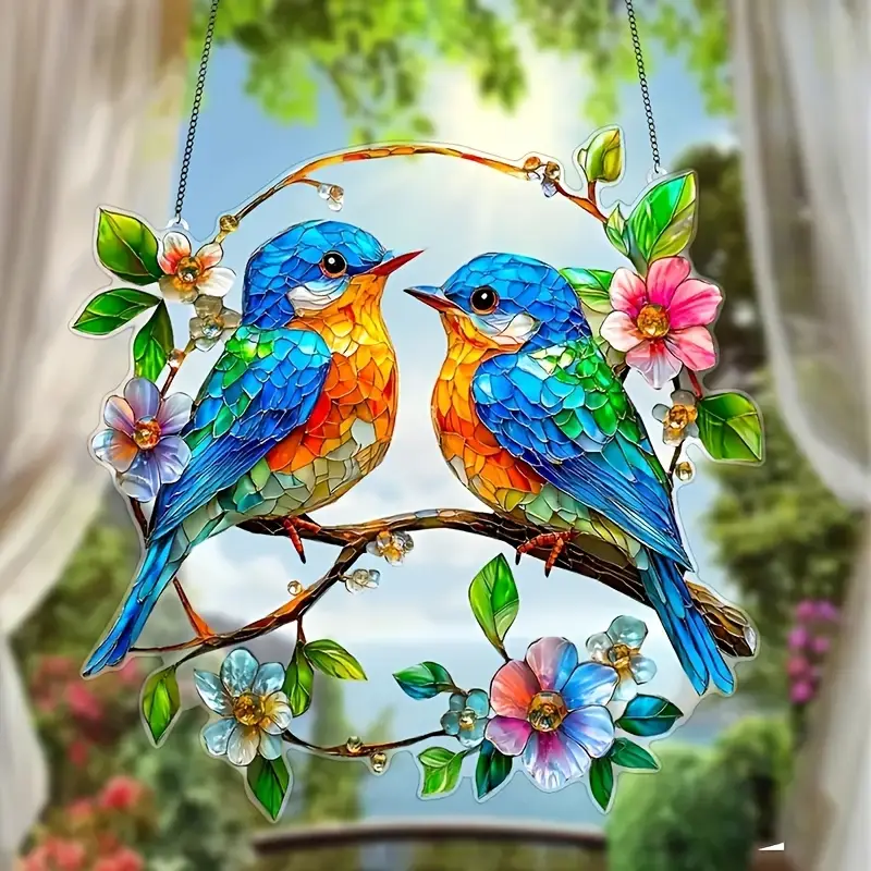 Acrylic Hanging Garden Suncatcher Multi-coloured Kingfishers 20cm Tall on Chain