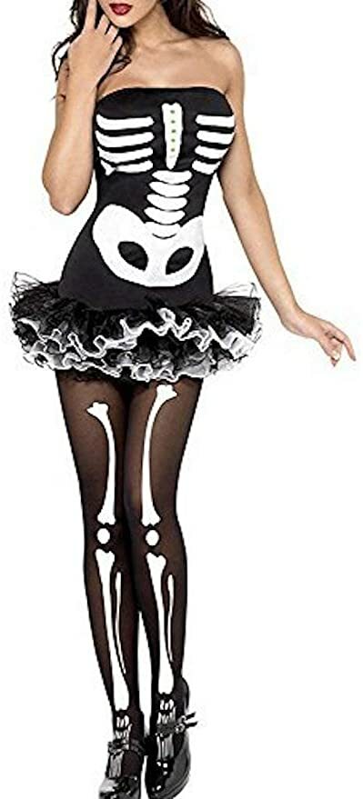 Ladies Skeleton Bones Halloween Fancy Dress Costume Dress Size 10 Day of Dead