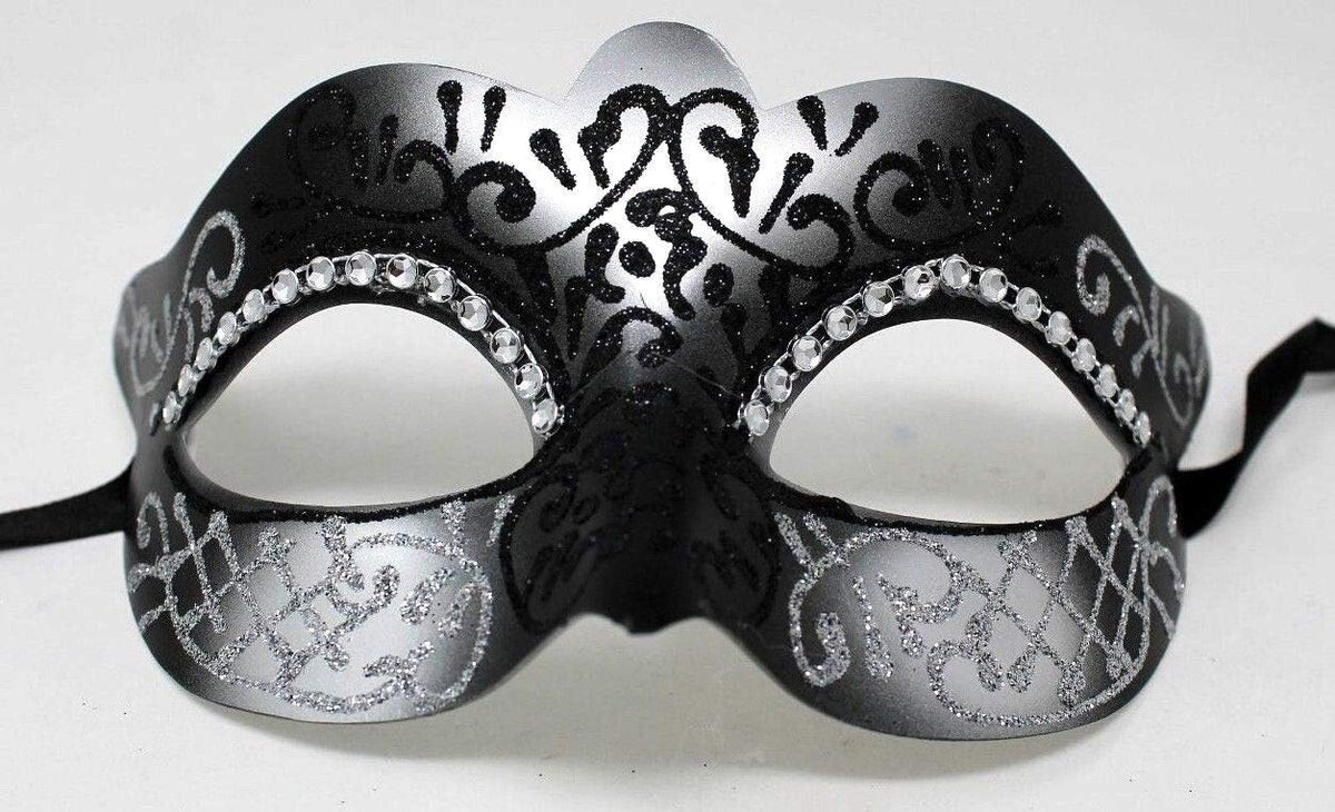 SILVER & BLACK VENETIAN MASQUERADE PARTY CARNIVAL EYE PROM BALL MASK & DIAMONTES