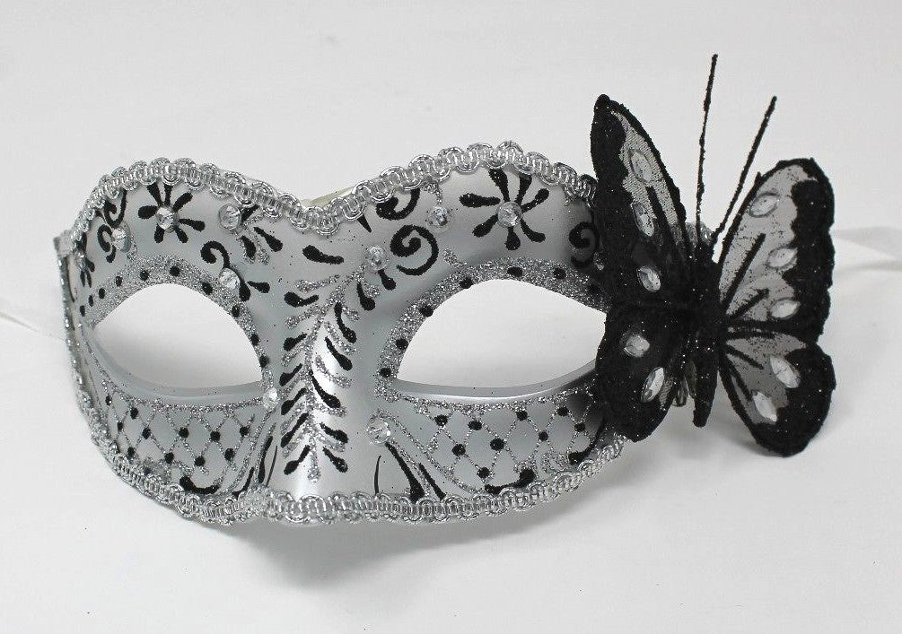 BLACK & SILVER JEWELLED BUTTERFLY MASK VENETIAN MASQUERADE PARTY CARNIVAL BALL