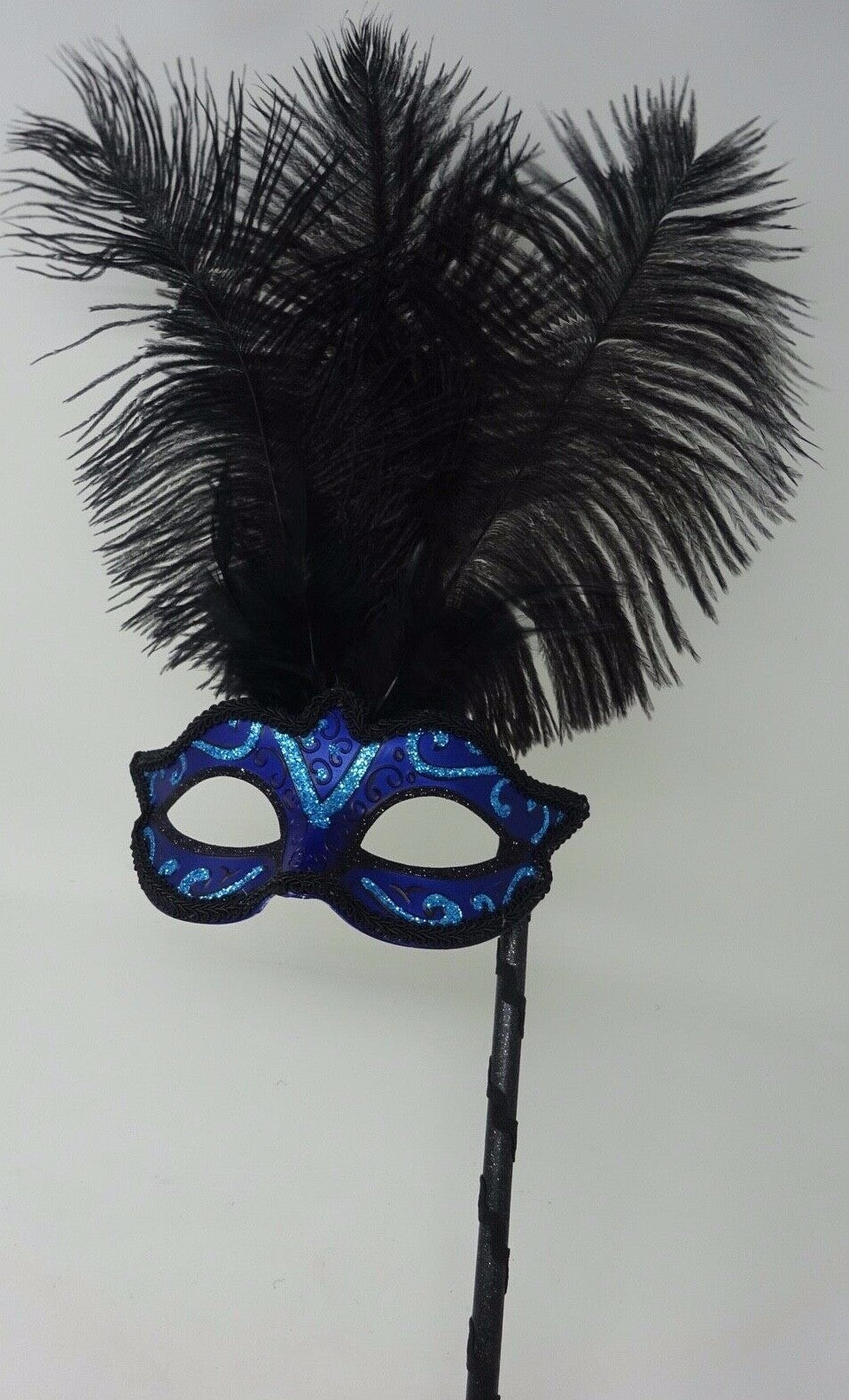 Venetian Masquerade Ball Carnival Mask Hand Held Stick Turquoise Blue & Black