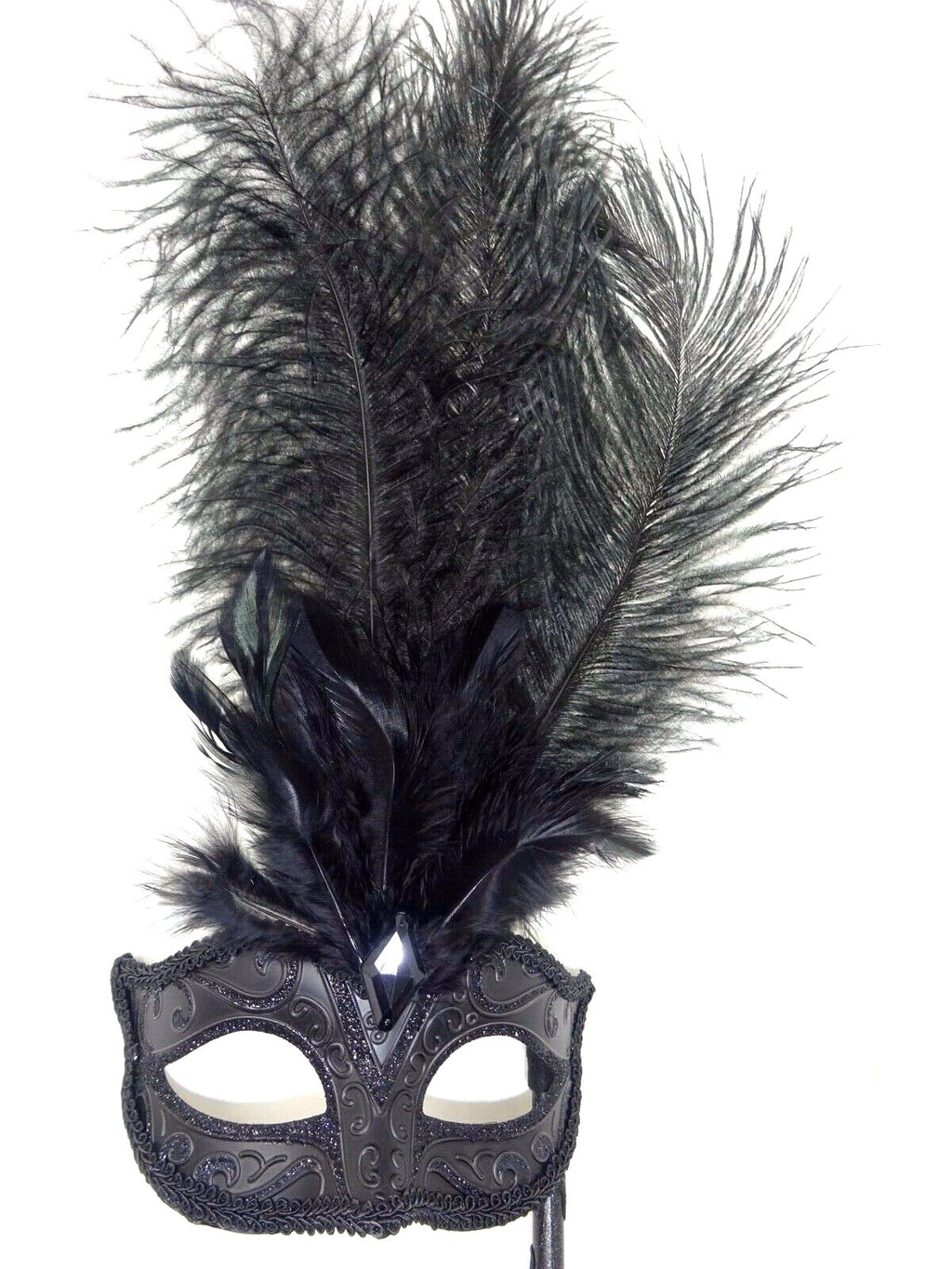 MIDNIGHT BLACK FEATHER HAND HELD MASK & STICK VENETIAN CARNIVAL MASQUERADE PARTY
