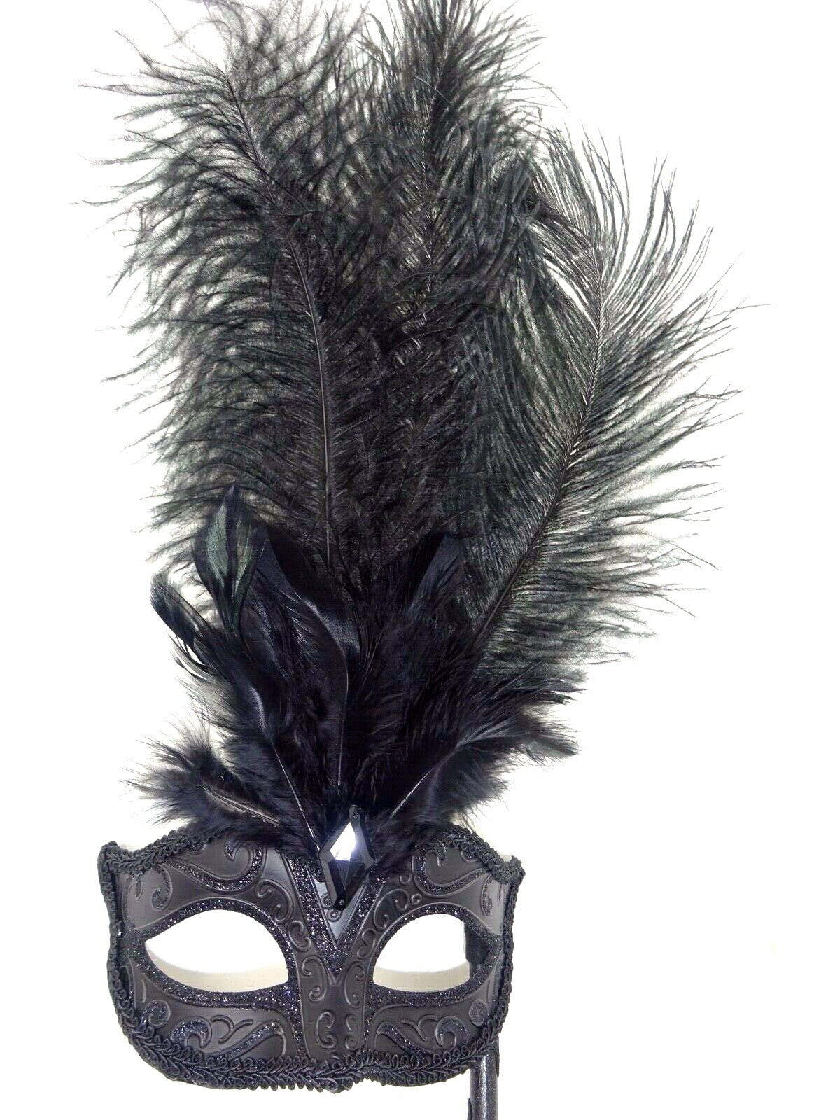 MIDNIGHT BLACK FEATHER HAND HELD MASK & STICK VENETIAN CARNIVAL MASQUERADE PARTY