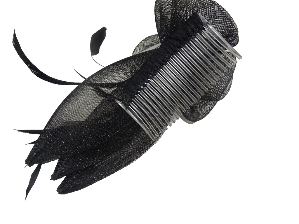 Hair Fascinator Black Feathers Stiffened Net Fabric Floral Rosette Design onComb