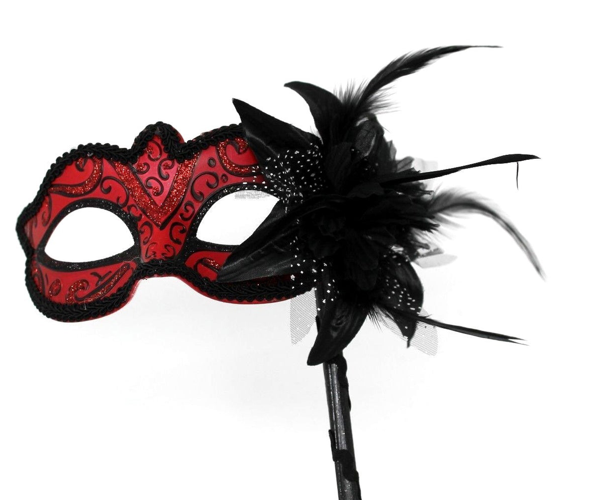 STUNNING BLACK & RED VENETIAN MASQUERADE PARTY BALL CARNIVAL MASK HAND STICK