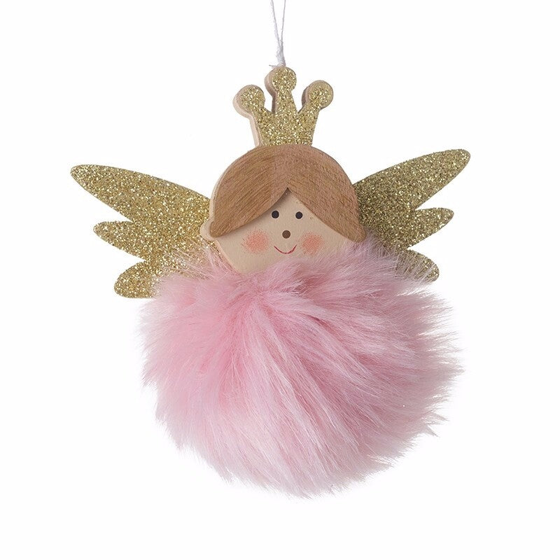 Wood & Pink Fur Fairy Christmas Tree Hanging Decoration 10cm Gold Glitter Wings