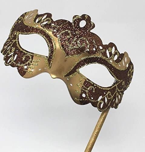 GOLD & BROWN RIALTO VENETIAN MASQUERADE PARTY CARNIVAL BALL ON A HAND HELD STICK